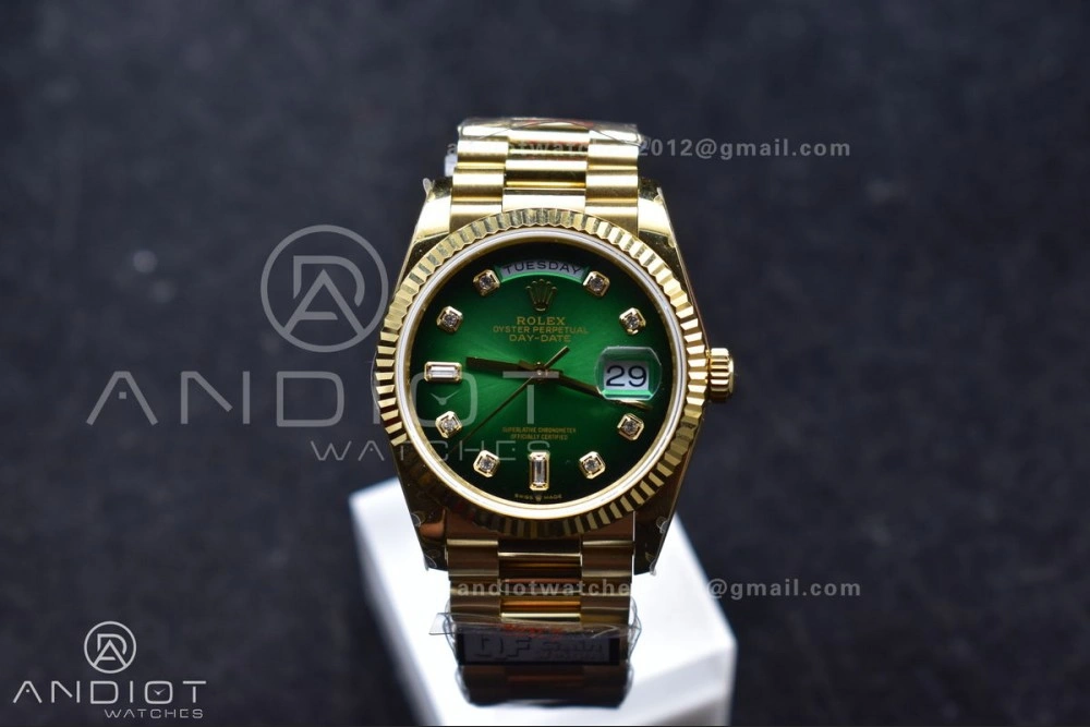 SunProtective DayDate 36 YG QF Best Edition 904L Steel Faded Green Dial with Square Diamond on President Bracelet vr3255 V5 (Gain Weight) 692
