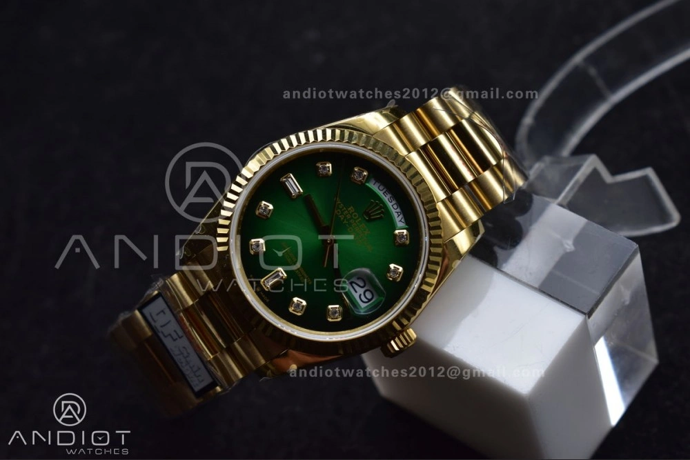 SunProtective DayDate 36 YG QF Best Edition 904L Steel Faded Green Dial with Square Diamond on President Bracelet vr3255 V5 (Gain Weight) 692