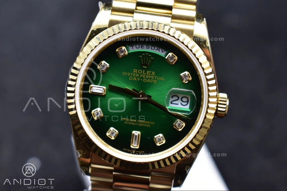 SunProtective DayDate 36 YG QF Best Edition 904L Steel Faded Green Dial with Square Diamond on President Bracelet vr3255 V5 (Gain Weight) 692