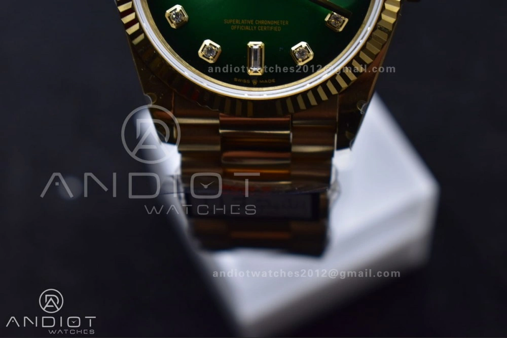 SunProtective DayDate 36 YG QF Best Edition 904L Steel Faded Green Dial with Square Diamond on President Bracelet vr3255 V5 (Gain Weight) 692