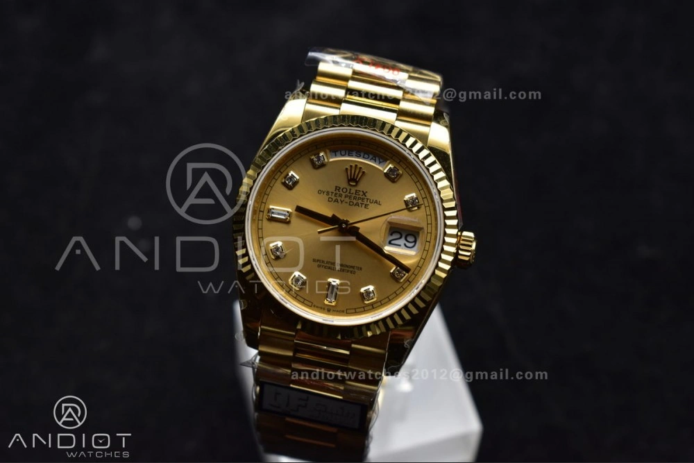 DayDate 36 YG QF Best Edition 904L Steel Gold Dial with Square Diamond on President Bracelet vr3255 V5 (Gain Weight) ZipUp 695