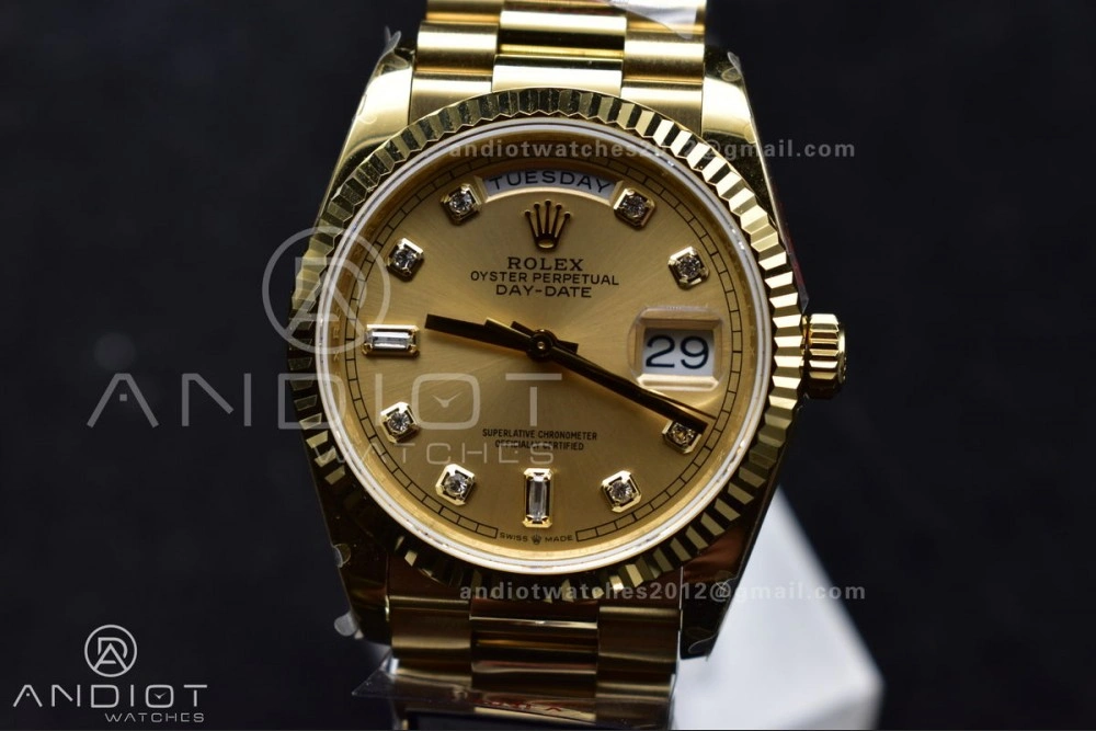 DayDate 36 YG QF Best Edition 904L Steel Gold Dial with Square Diamond on President Bracelet vr3255 V5 (Gain Weight) ZipUp 695