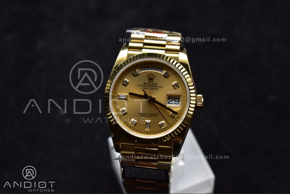 DayDate 36 YG QF Best Edition 904L Steel Gold Dial with Square Diamond on President Bracelet vr3255 V5 (Gain Weight) ZipUp 695