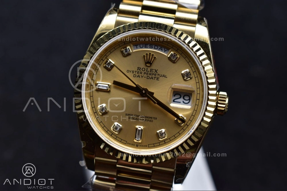 DayDate 36 YG QF Best Edition 904L Steel Gold Dial with Square Diamond on President Bracelet vr3255 V5 (Gain Weight) ZipUp 695