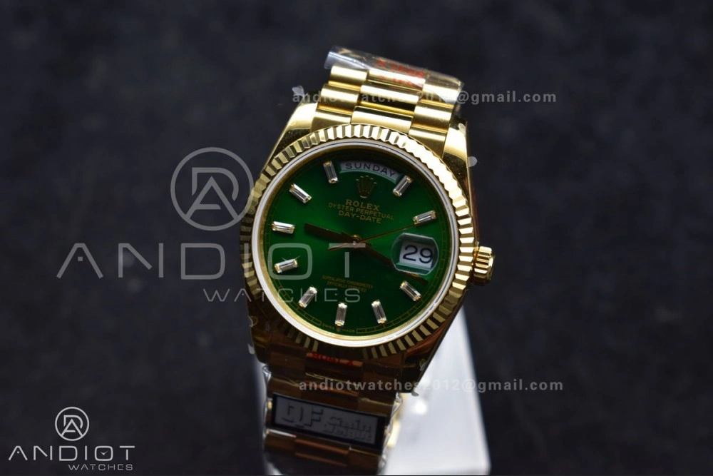 NewStyle DayDate 36 YG QF Best Edition 904L Steel Green Dial with Stick Diamond on President Bracelet vr3255 V5 (Gain Weight) 697