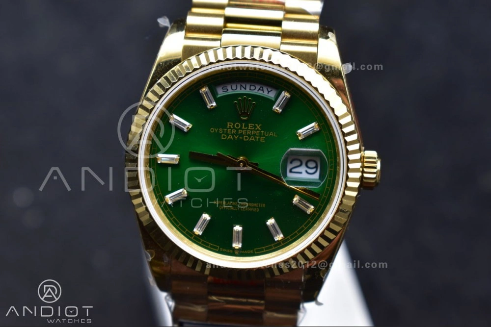 NewStyle DayDate 36 YG QF Best Edition 904L Steel Green Dial with Stick Diamond on President Bracelet vr3255 V5 (Gain Weight) 697