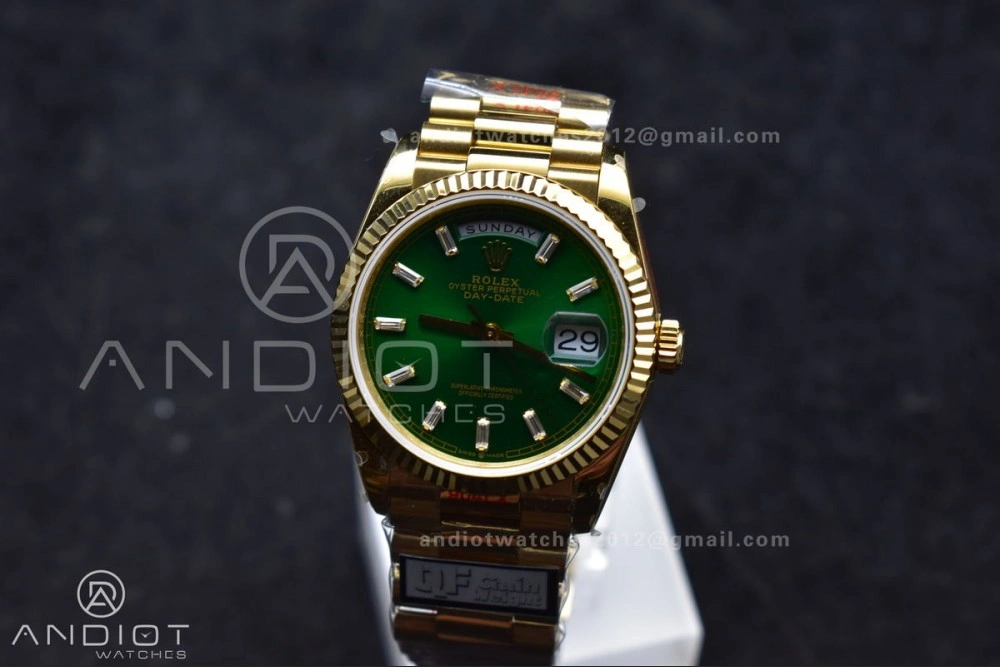 NewStyle DayDate 36 YG QF Best Edition 904L Steel Green Dial with Stick Diamond on President Bracelet vr3255 V5 (Gain Weight) 697