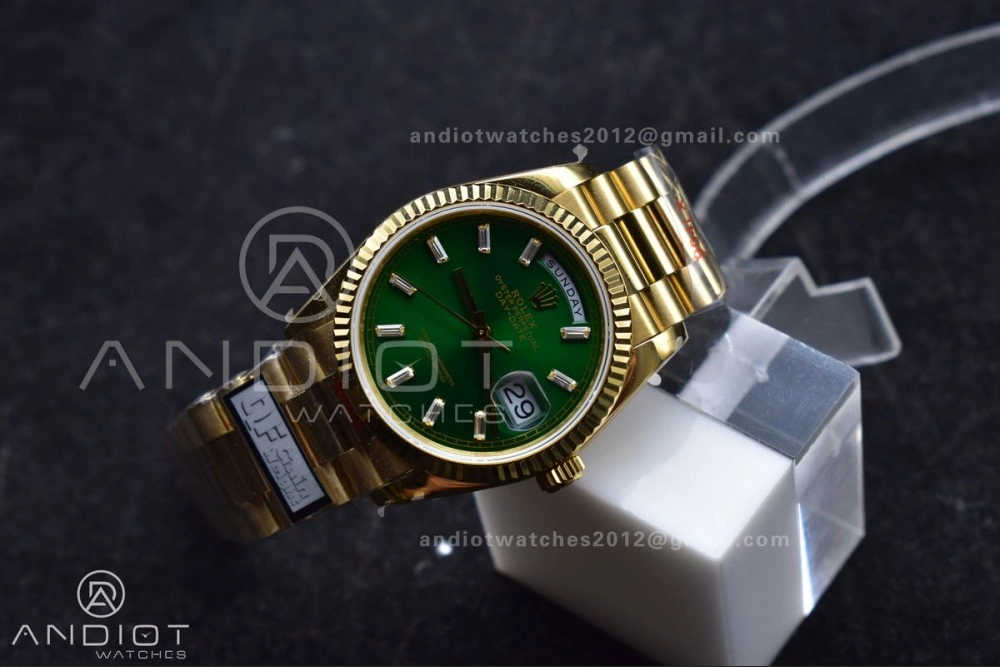 NewStyle DayDate 36 YG QF Best Edition 904L Steel Green Dial with Stick Diamond on President Bracelet vr3255 V5 (Gain Weight) 697