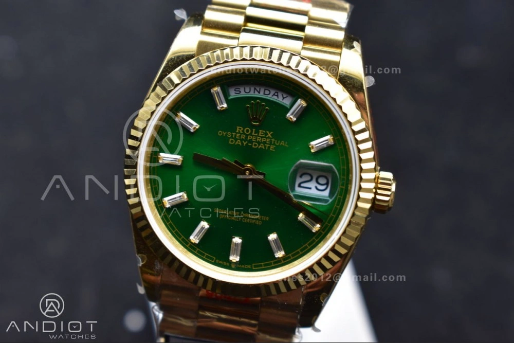 NewStyle DayDate 36 YG QF Best Edition 904L Steel Green Dial with Stick Diamond on President Bracelet vr3255 V5 (Gain Weight) 697
