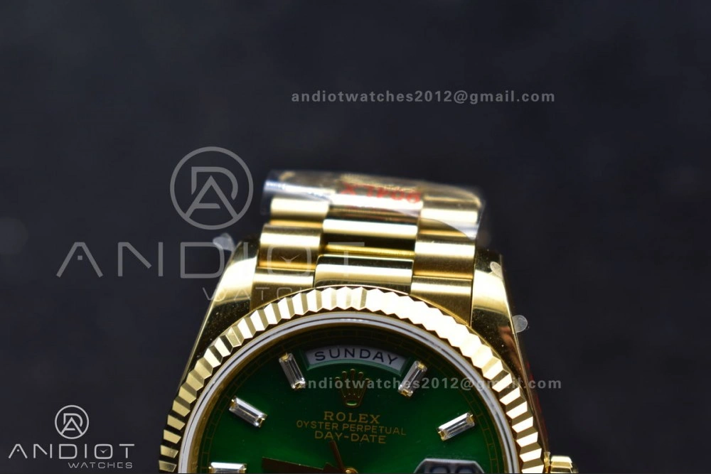 NewStyle DayDate 36 YG QF Best Edition 904L Steel Green Dial with Stick Diamond on President Bracelet vr3255 V5 (Gain Weight) 697