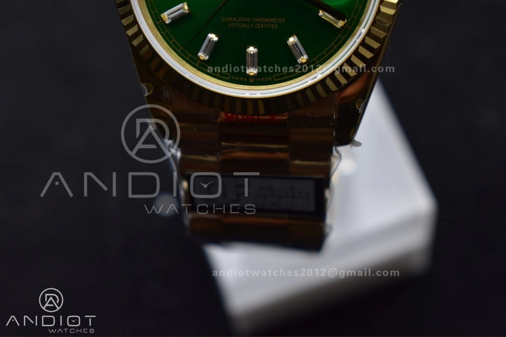 NewStyle DayDate 36 YG QF Best Edition 904L Steel Green Dial with Stick Diamond on President Bracelet vr3255 V5 (Gain Weight) 697