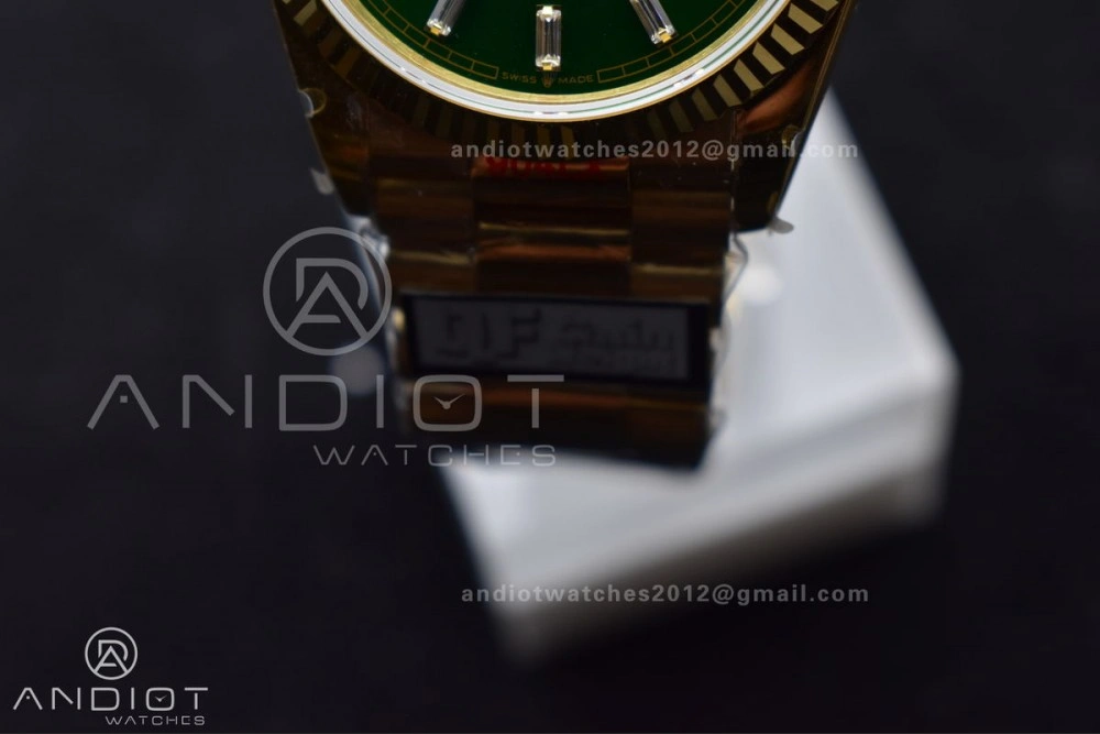 NewStyle DayDate 36 YG QF Best Edition 904L Steel Green Dial with Stick Diamond on President Bracelet vr3255 V5 (Gain Weight) 697