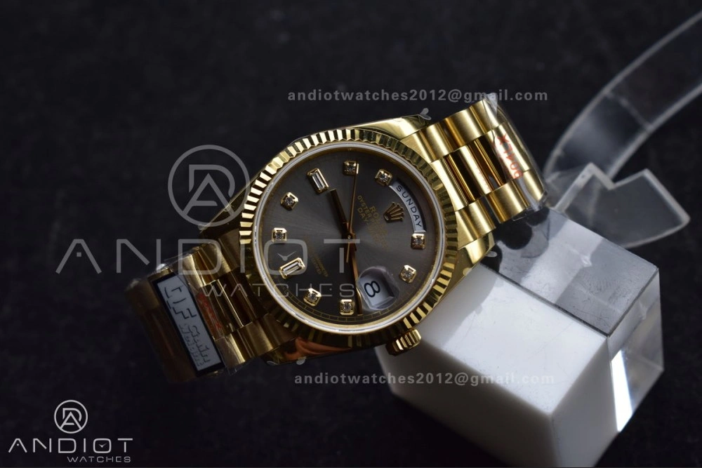 DayDate 36 YG QF Best Edition 904L Steel Grey Dial with Square Diamond on President Bracelet vr3255 V5 (Gain Weight) Sophisticated 698