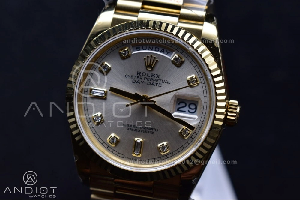 DayDate 36 YG QF Best Edition 904L Steel Silver Dial with Square Diamond on President Bracelet vr3255 V5 (Gain Weight) Comfortable 702