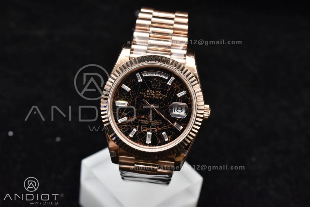 Bright DayDate 40 RG GMF 904L Steel Meteorite Dial Crystal Markers On President Bracelet A 706