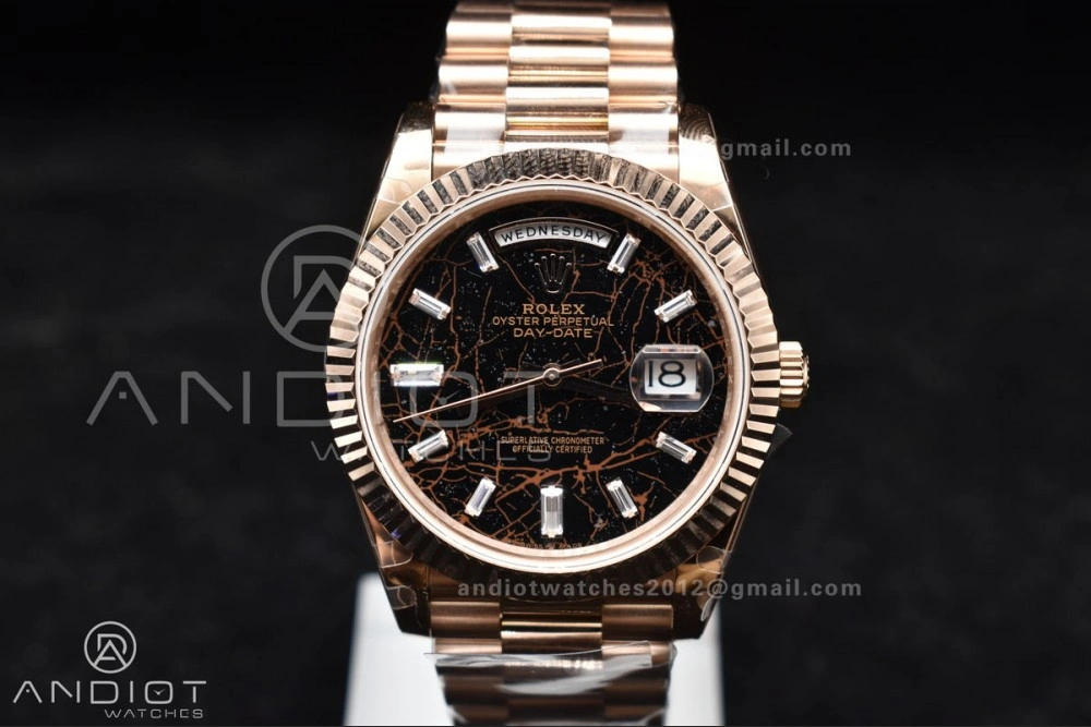 Bright DayDate 40 RG GMF 904L Steel Meteorite Dial Crystal Markers On President Bracelet A 706
