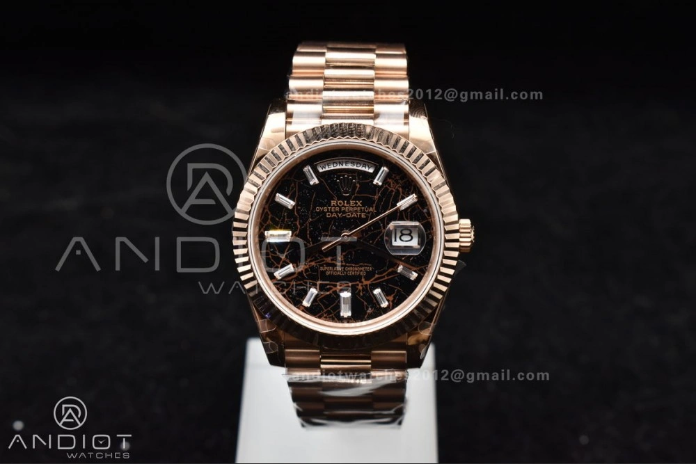 Bright DayDate 40 RG GMF 904L Steel Meteorite Dial Crystal Markers On President Bracelet A 706