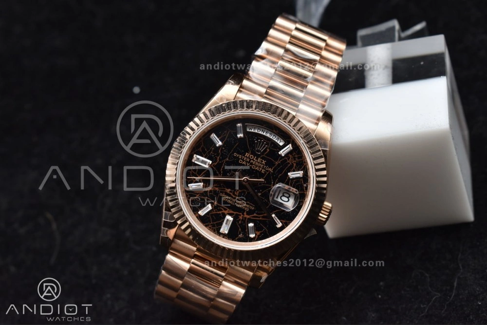 Bright DayDate 40 RG GMF 904L Steel Meteorite Dial Crystal Markers On President Bracelet A 706