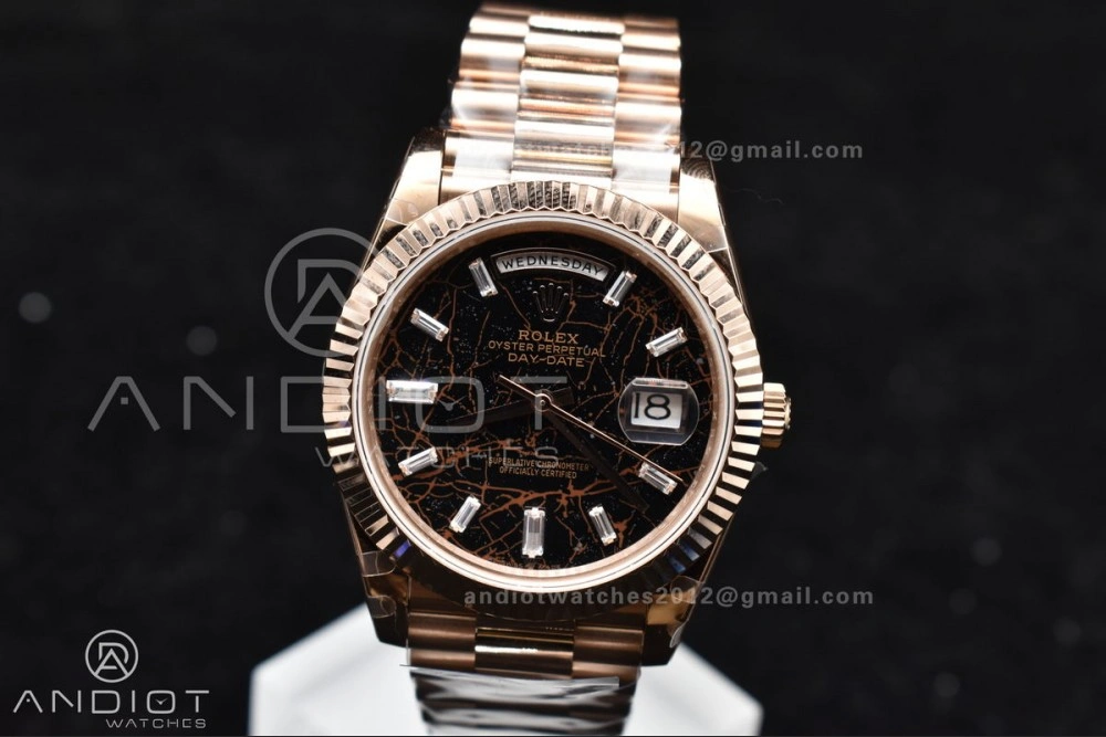 Bright DayDate 40 RG GMF 904L Steel Meteorite Dial Crystal Markers On President Bracelet A 706