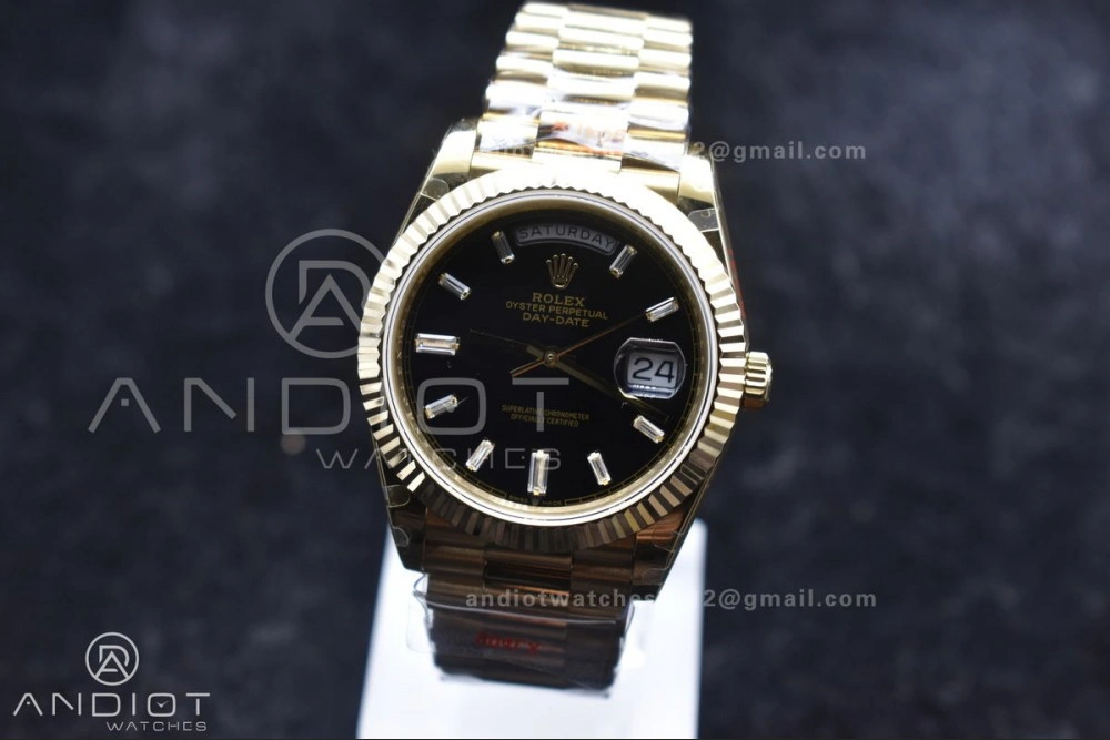Original DayDate 40 RG GMF Tungsten Weighted 904L Steel Black Dial with Crystal Markers On President Bracelet A2836 V 701