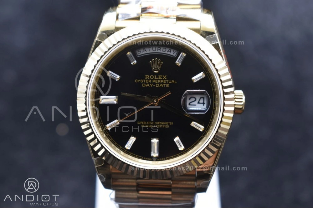 Original DayDate 40 RG GMF Tungsten Weighted 904L Steel Black Dial with Crystal Markers On President Bracelet A2836 V 701
