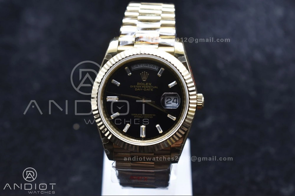 Original DayDate 40 RG GMF Tungsten Weighted 904L Steel Black Dial with Crystal Markers On President Bracelet A2836 V 701