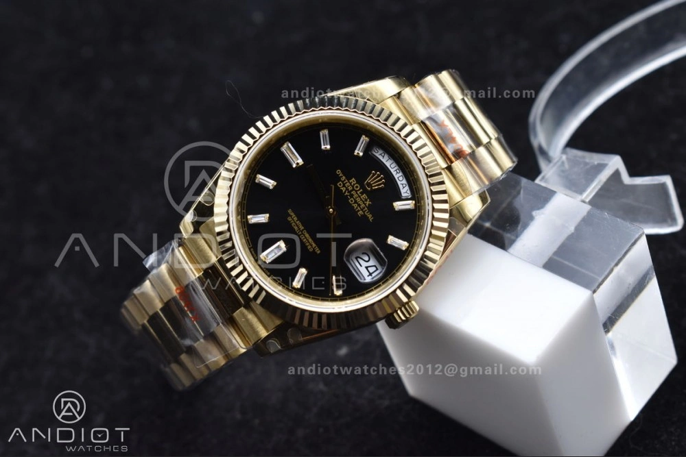 Original DayDate 40 RG GMF Tungsten Weighted 904L Steel Black Dial with Crystal Markers On President Bracelet A2836 V 701