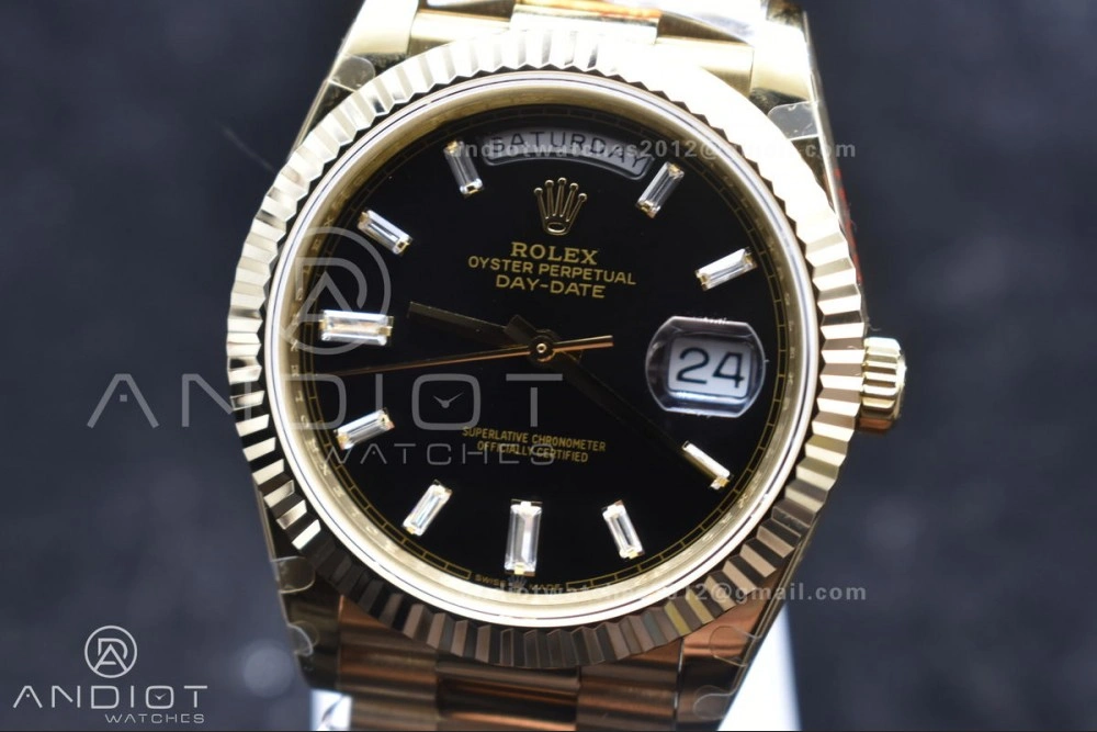 Original DayDate 40 RG GMF Tungsten Weighted 904L Steel Black Dial with Crystal Markers On President Bracelet A2836 V 701