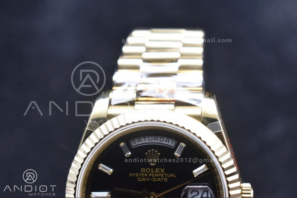 Original DayDate 40 RG GMF Tungsten Weighted 904L Steel Black Dial with Crystal Markers On President Bracelet A2836 V 701