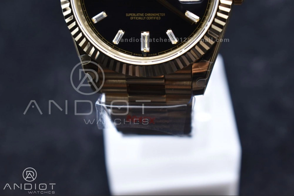 Original DayDate 40 RG GMF Tungsten Weighted 904L Steel Black Dial with Crystal Markers On President Bracelet A2836 V 701