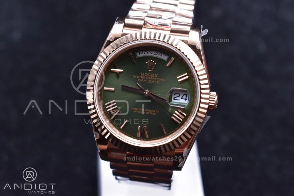 DayDate 40 RG GMF Tungsten Weighted 904L Steel Green Dial Roman Markers on President Bracelet A2836 V FashionForward 709