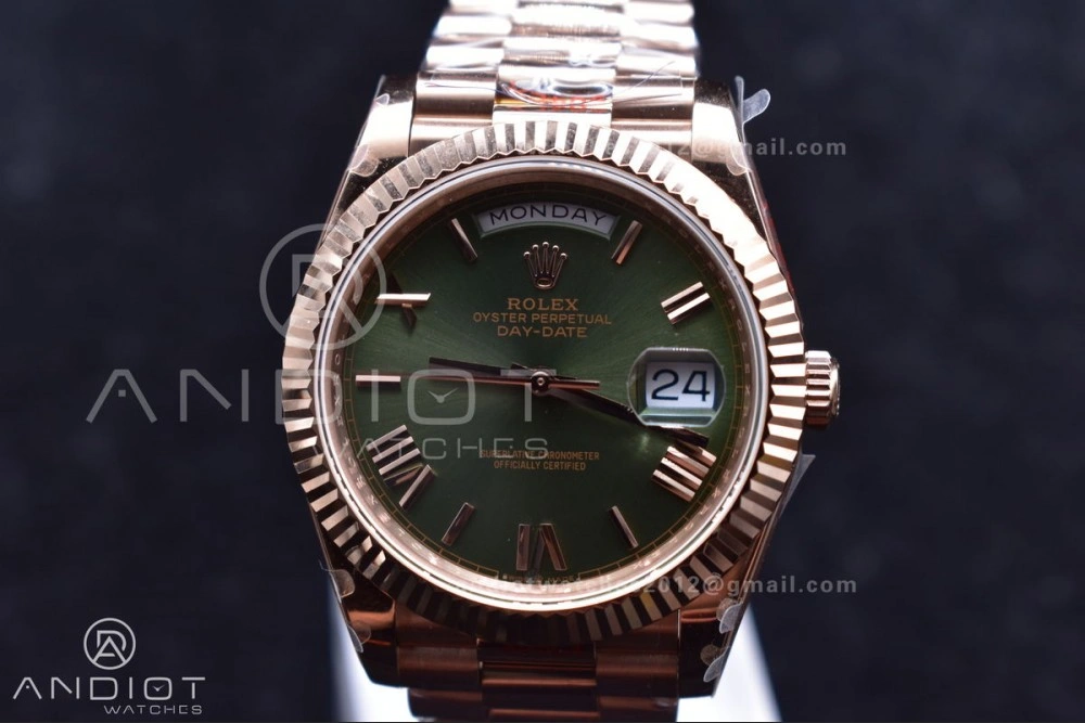 DayDate 40 RG GMF Tungsten Weighted 904L Steel Green Dial Roman Markers on President Bracelet A2836 V FashionForward 709