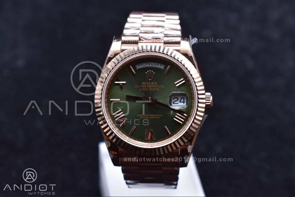 DayDate 40 RG GMF Tungsten Weighted 904L Steel Green Dial Roman Markers on President Bracelet A2836 V FashionForward 709