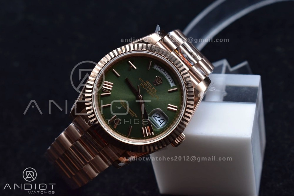 DayDate 40 RG GMF Tungsten Weighted 904L Steel Green Dial Roman Markers on President Bracelet A2836 V FashionForward 709