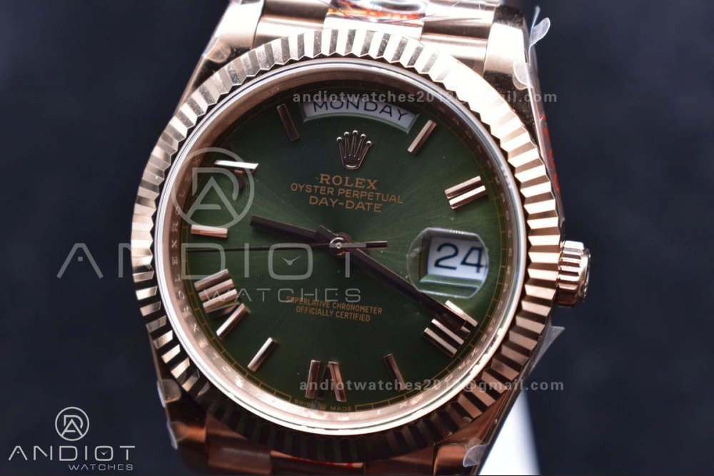 DayDate 40 RG GMF Tungsten Weighted 904L Steel Green Dial Roman Markers on President Bracelet A2836 V FashionForward 709