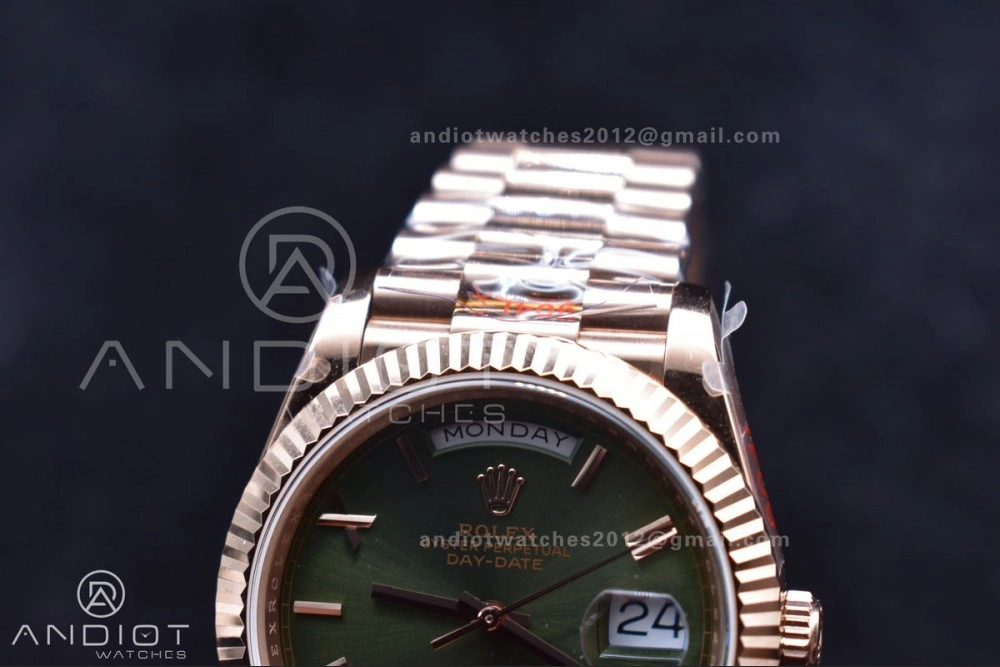 DayDate 40 RG GMF Tungsten Weighted 904L Steel Green Dial Roman Markers on President Bracelet A2836 V FashionForward 709