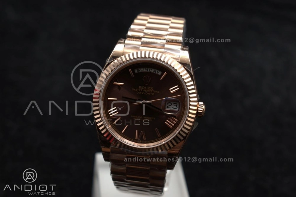 Attractive DayDate 40 RG GSF Gain Weight Brown Roman Dial on President Bracelet A 712
