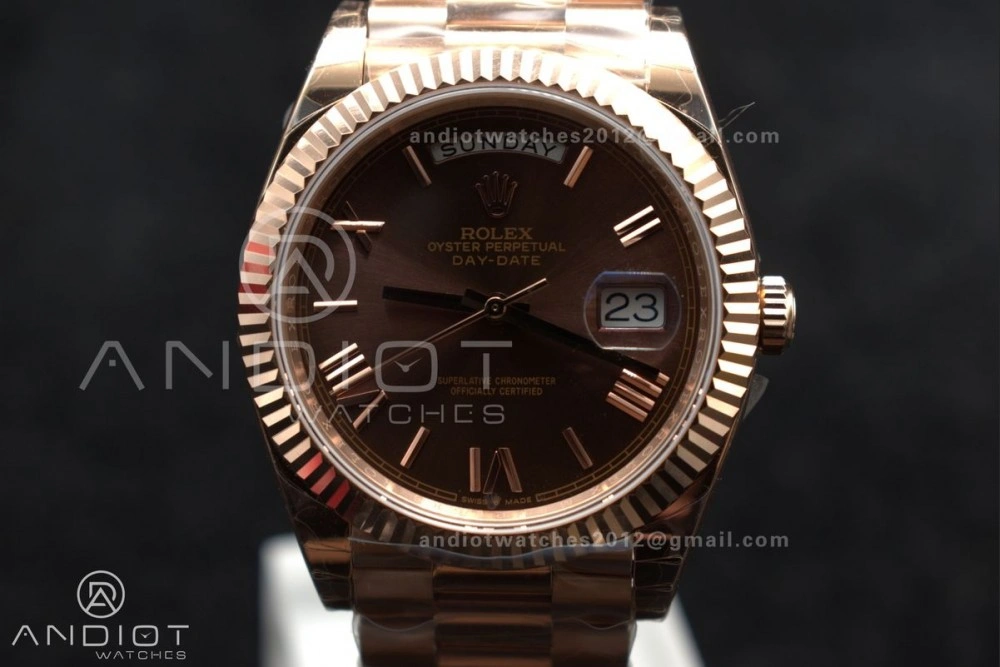 Attractive DayDate 40 RG GSF Gain Weight Brown Roman Dial on President Bracelet A 712