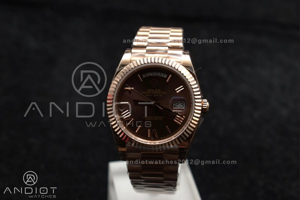 Attractive DayDate 40 RG GSF Gain Weight Brown Roman Dial on President Bracelet A 712