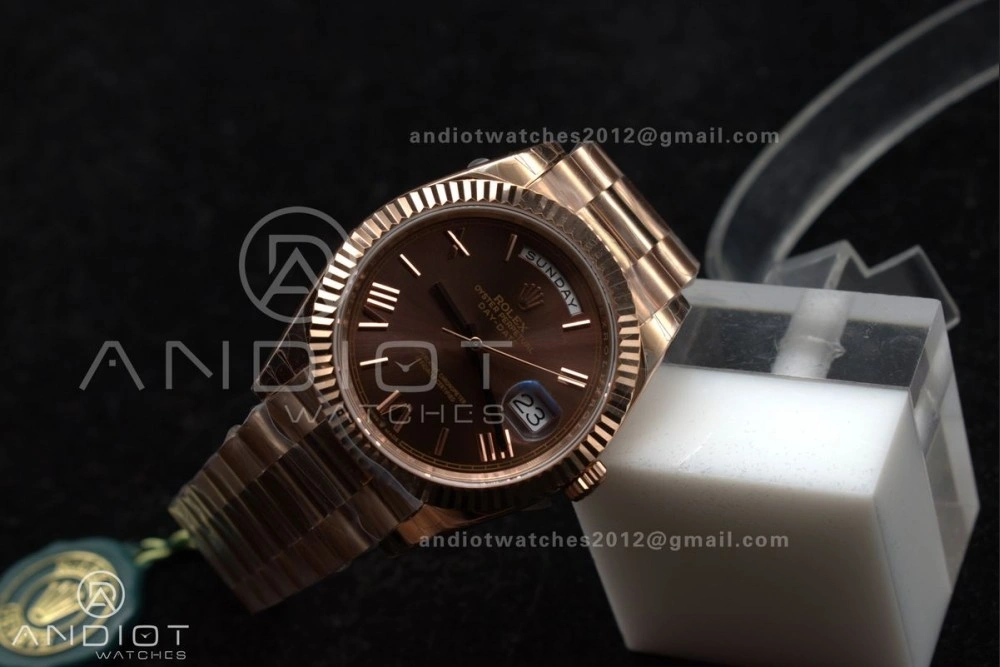 Attractive DayDate 40 RG GSF Gain Weight Brown Roman Dial on President Bracelet A 712