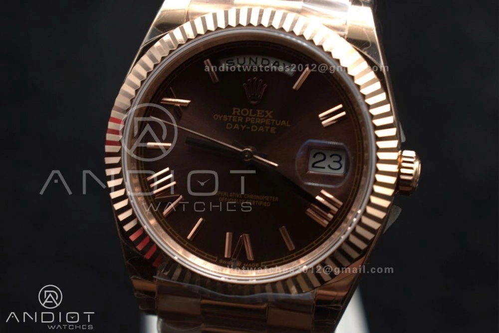 Attractive DayDate 40 RG GSF Gain Weight Brown Roman Dial on President Bracelet A 712