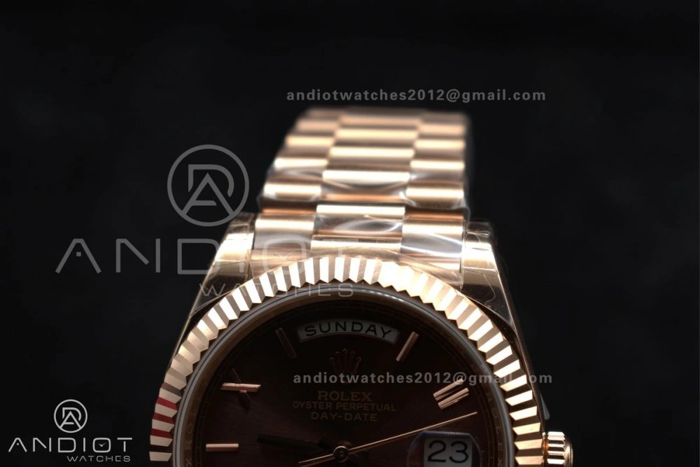 Attractive DayDate 40 RG GSF Gain Weight Brown Roman Dial on President Bracelet A 712