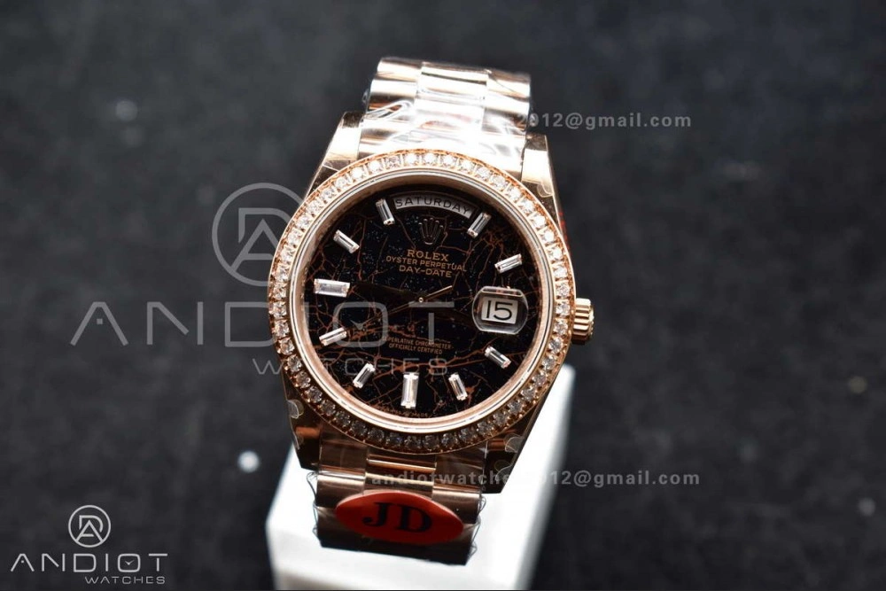 WellDesigned DayDate 40 RG JDF 904L Steel Meteorite Dial Crystal Markers On President Bracelet A 708
