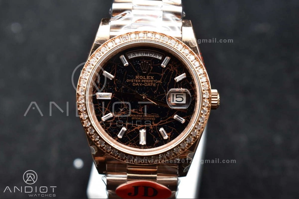 WellDesigned DayDate 40 RG JDF 904L Steel Meteorite Dial Crystal Markers On President Bracelet A 708