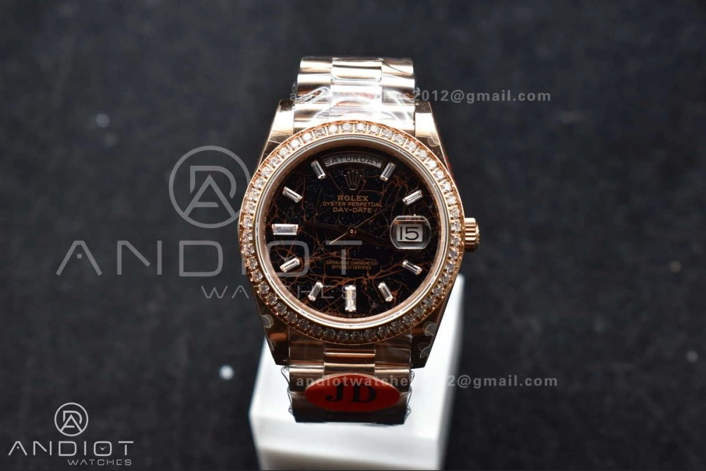 WellDesigned DayDate 40 RG JDF 904L Steel Meteorite Dial Crystal Markers On President Bracelet A 708