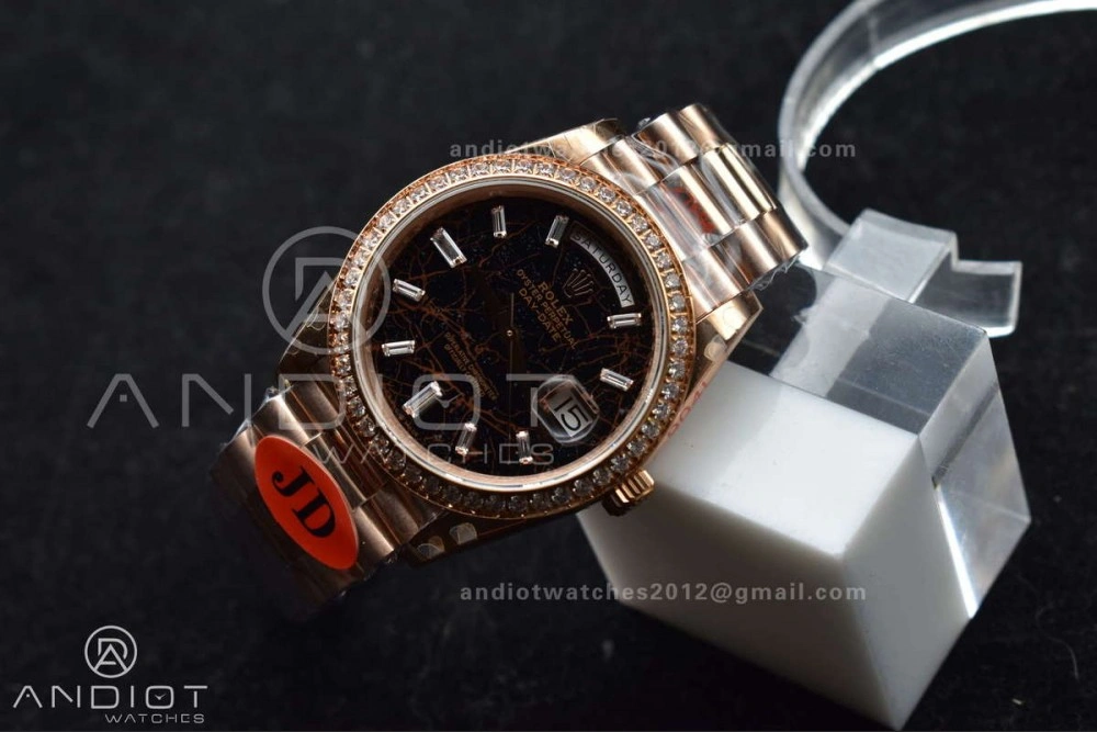 WellDesigned DayDate 40 RG JDF 904L Steel Meteorite Dial Crystal Markers On President Bracelet A 708