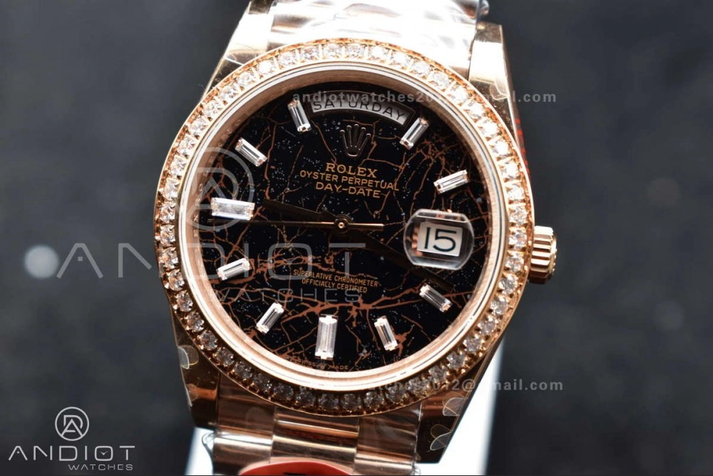 WellDesigned DayDate 40 RG JDF 904L Steel Meteorite Dial Crystal Markers On President Bracelet A 708