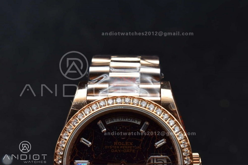 WellDesigned DayDate 40 RG JDF 904L Steel Meteorite Dial Crystal Markers On President Bracelet A 708