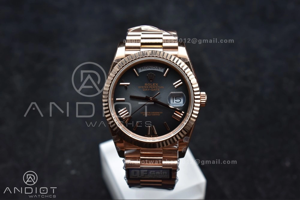 Soft DayDate 40 RG QF Best Edition 904L Steel Slate Ombre Dial on President Bracelet A2836 V4 (Gain Weight) 711