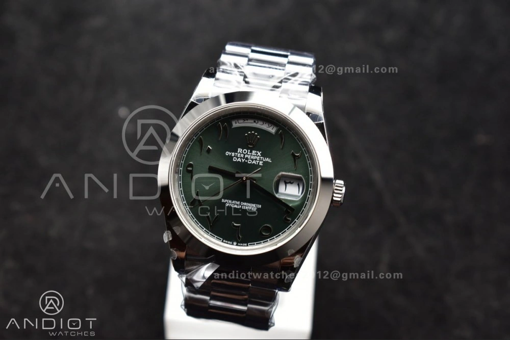 Functional DayDate 40 SS GMF 904L Steel Green Dial Arabic Markers On President Bracelet A 707